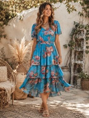 Maurices Tiered Flutter Sleeve Blue Floral Midi Dress Layered Lined Stretch Sz L